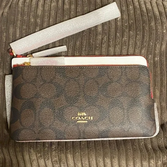 NEW-Authentic COACH PVC Double Zip Wallet In Signature Canvas